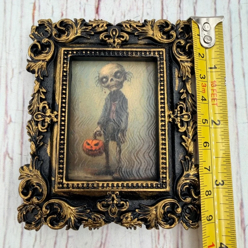 Zombie Boy Decoupage Art Halloween Decor Ornate Black Gold Resin Frame 4x3.25